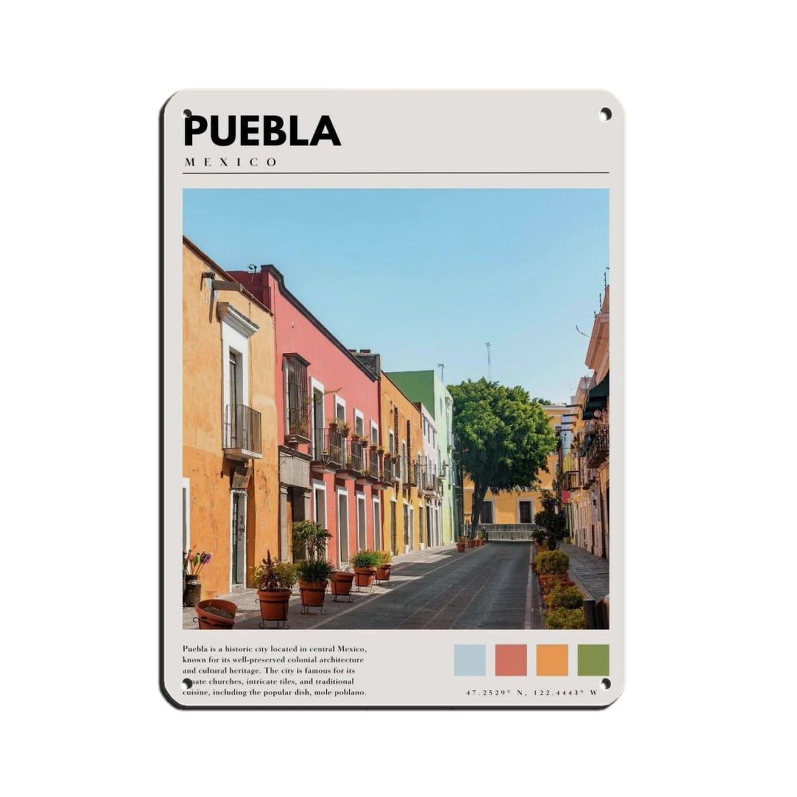 Puebla Mexico Poster Mexico Art Retro Poster Metal Tin Sign Chic Art Retro Iron Painting Bar People Cave Cafe Family Garage Poster Wall Decoration 12x16inch(30x40cm)