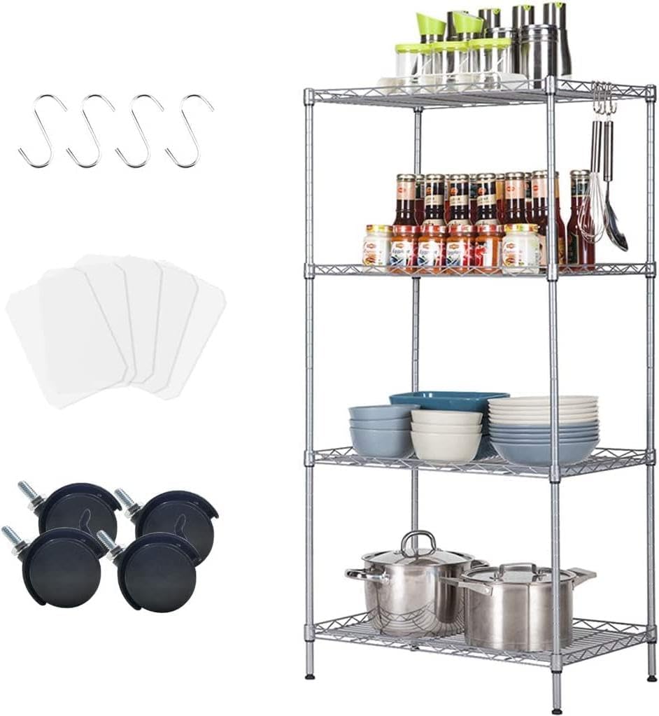 4 -Tier Shelf Carbon Steel Shelving Unit Adjustable Heavy Duty Wire Shelf Metal Height Shelves Unit Metal Storage Rack Durable Organizer (Silver)