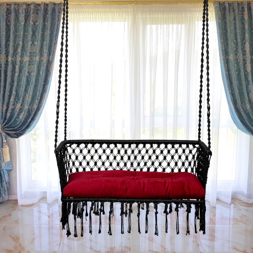 Patiofy Double Seater Swing Chair with Arm Rest/Hanging Hammock Swing Chair for 2 People/Jhula for Adults/ 2 Seater Swing for Balcony/Hanging Kit & Cushion Included- Black-image-37