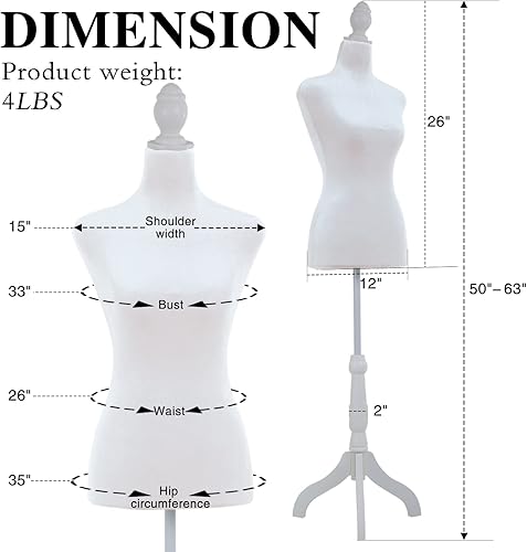 Miniatura 7 de Maniquí de maniquí femenino con forma de torso de 50 a 63 pulgadas, para mujer, altura del cuerpo de maniquí ajustable para coser base de trípode de
