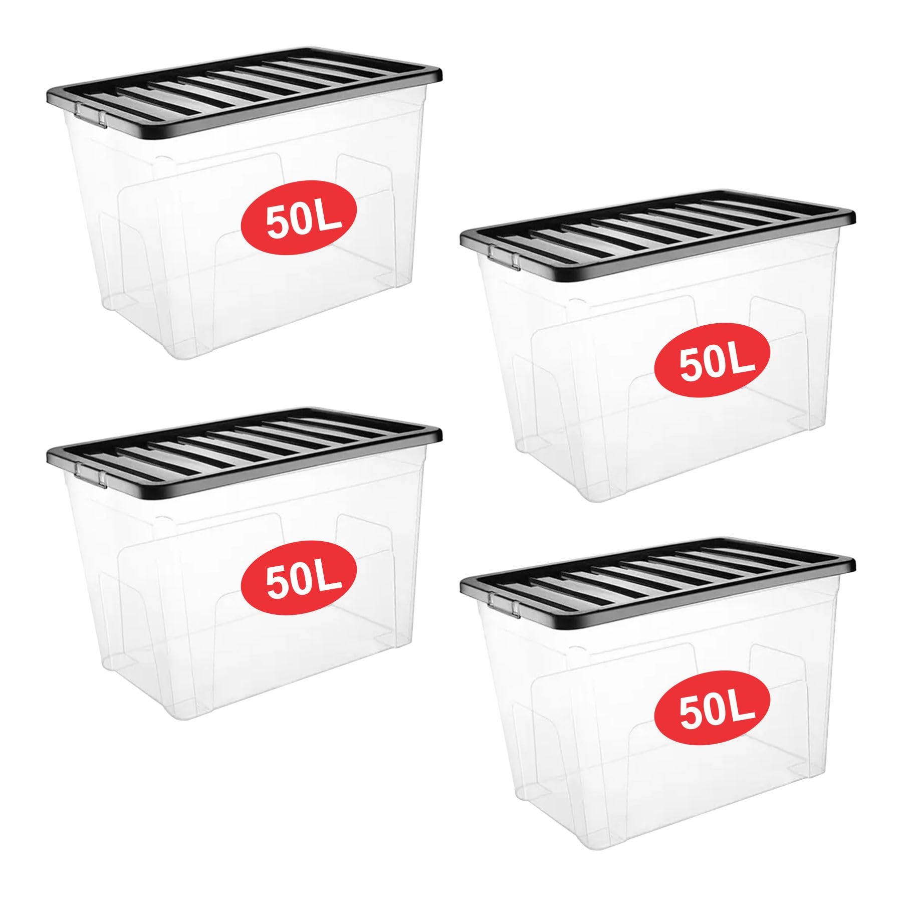 RelianceUK 4 X 50L Plastic Storage Boxes with Black Lids - Durable, Stackable & Nestable Storage Containers for Home, Garage, Office & School - 50 Litres Storage Box