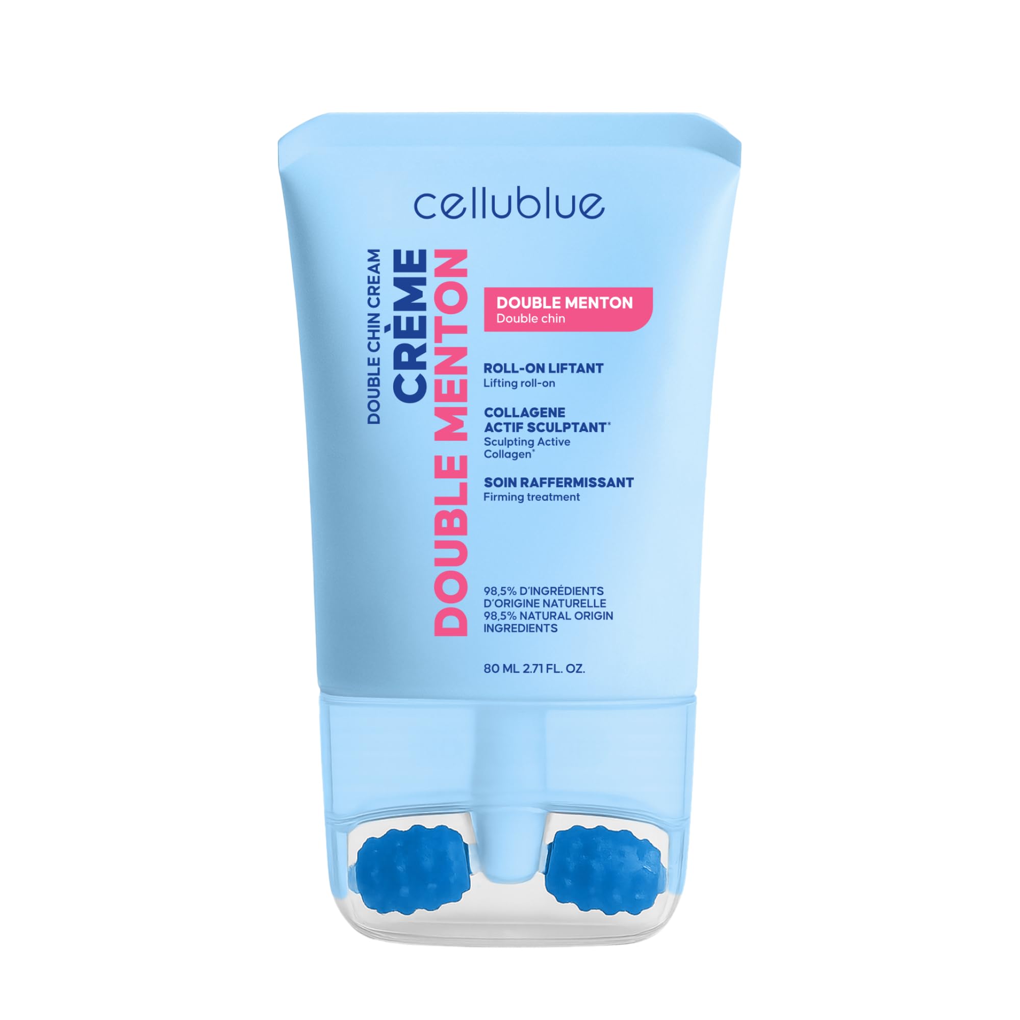 Crème Roll-on Double Menton - Soin Raffermissant Cou, Décolleté & Ovale du Visage - Massage Drainant aux Micro-Picots - Collagène & Algue Laminaria - 98,5% d'Origine Naturelle - 80 ml