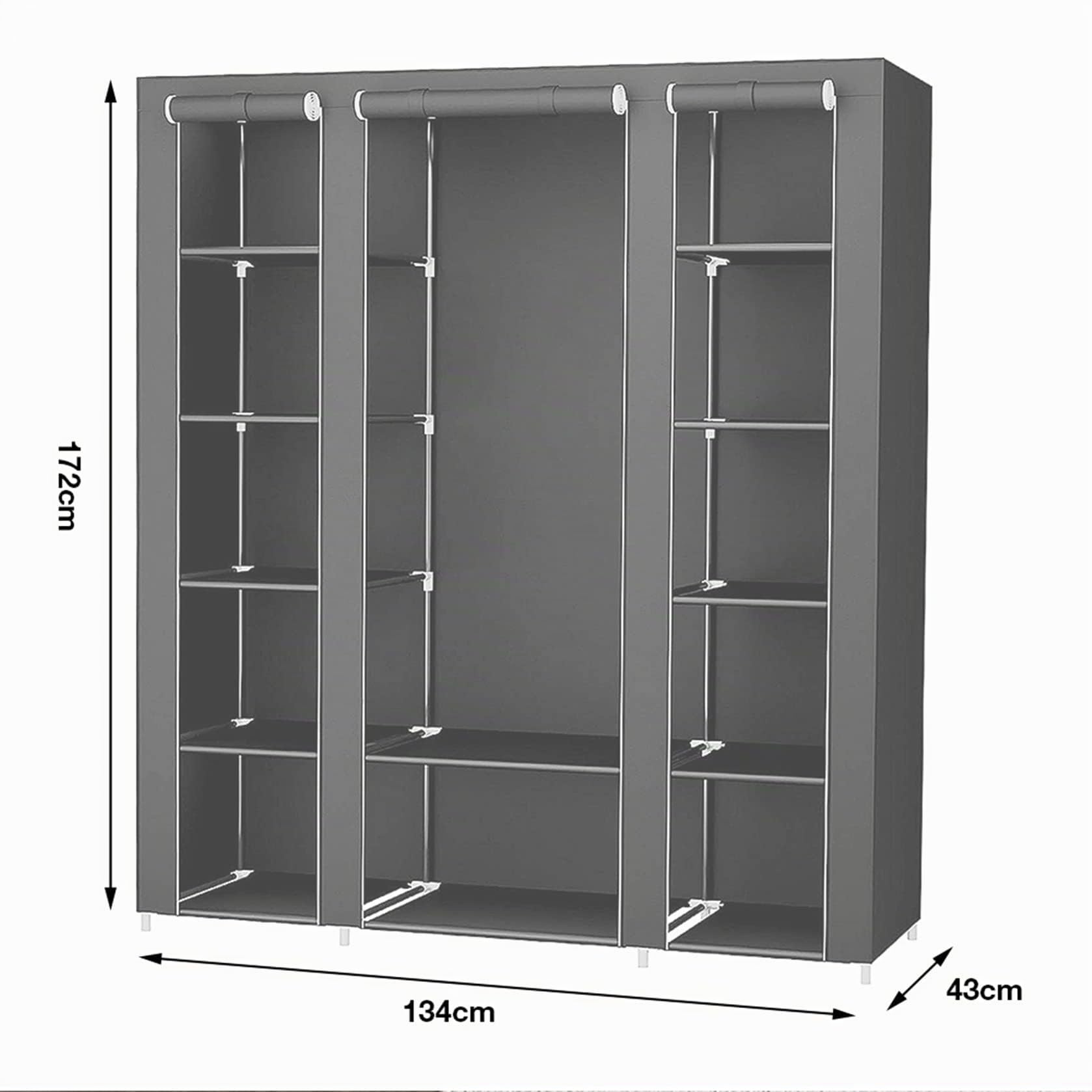 RELOVE Guardaroba in Tessuto Non Tessuto, Armadio con 1 Barre Appendiabiti e 10 Ripiani, Organizzatore Personalizzabile per Abiti, 172 * 134 * 43cm, per Camera da Letto, Grigio
