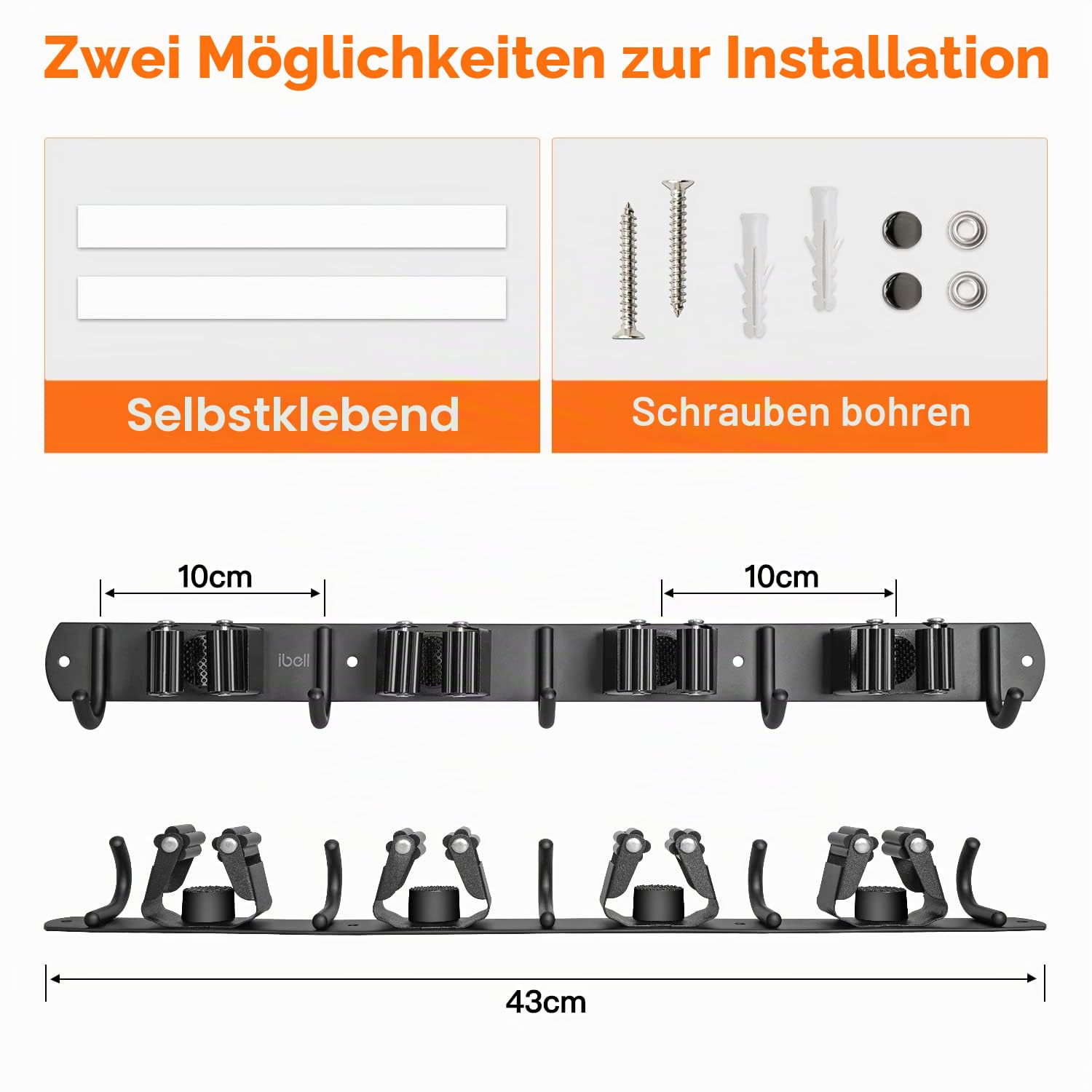 ibell 2 Stück Besenhalterung Wand, 8 Halter + 10 Haken Gerätehalter Edelstahl Wandhaken Selbstklebend, Besenhalter Wandhalterung Gartengerätehalter mit Schrauben, Schwarz Werkzeughalter für Garage