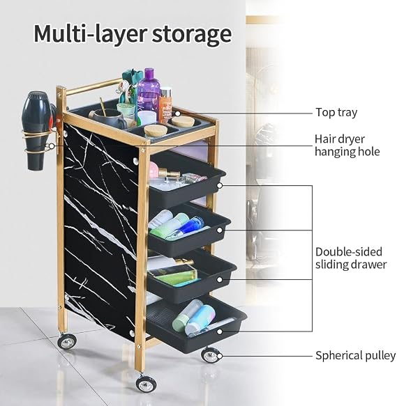 Salon Trolley Cart on Wheels, 5 Tray Beauty Storage Trolley, Salon Cart for Hair Stylist, Rolling Trolley Cart, Beauty Cart for Beauty Salon Barber Shop(White)
