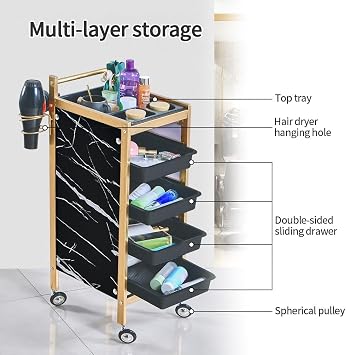 Salon Trolley Cart on Wheels, 5 Tray Beauty Storage Trolley, Salon Cart for Hair Stylist, Rolling Trolley Cart, Beauty Cart for Beauty Salon Barber Shop(White)