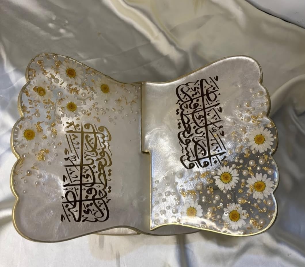 Resin Quran Stand with Bookmark Arabic Calligraphy Floral | Pearl Finish, Gold Foil Accents, Embedded Dried Flowers, Pearl Embellishments, Customisable Design-image-18