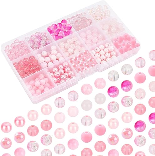 Miniatura 6 de PH PandaHall 450 cuentas de cristal rosa de San Valentín de 0.315 pulgadas, 15 estilos de cuentas agrietadas para hornear, cuentas sueltas de