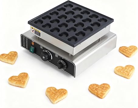 Mini Dutch Pancake Maker, 25pcs Mini Pancake Maker Machine, 850W Commercial Electric Poffertjes Grill, Stainless Steel, Temp & Time Control, for Home Kitchen Restaurant, Snack, Desserts Heart