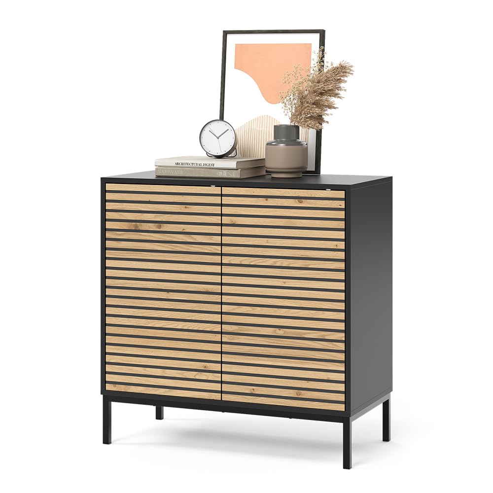 Vicco Kommode Eliza, Goldkraft Eiche/Anthrazit, 80 x 81.2 cm mit 2 Türen, Push-to-Open Mechanismus und pflegeleichter Oberfläche