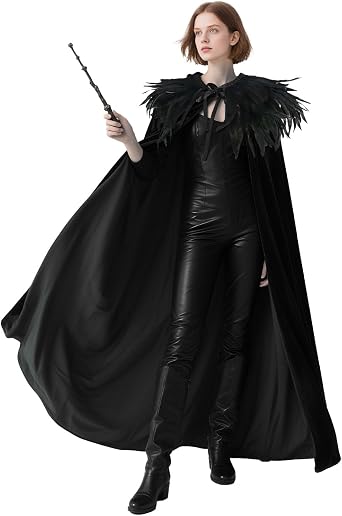 Velvet Cloak with Feather Cape Shawl Collar Evil Witch Costume