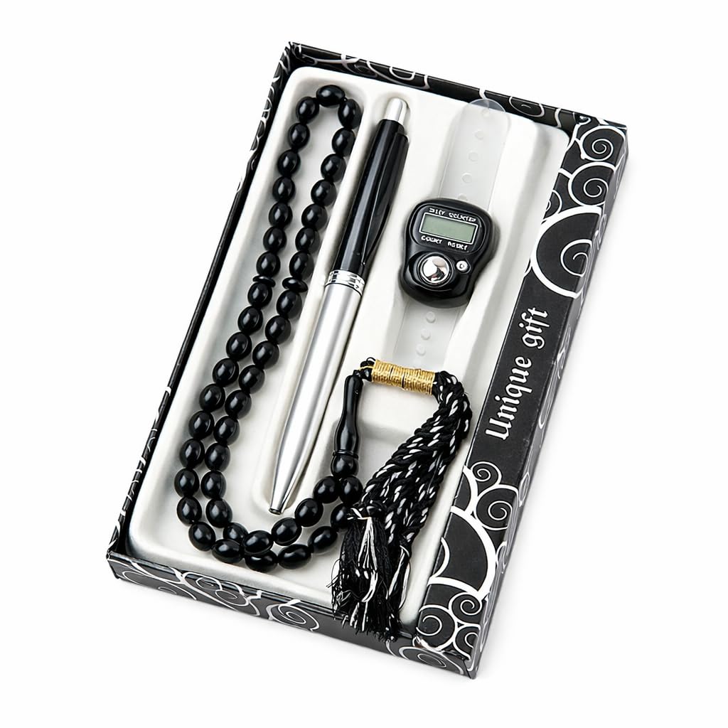 Islamic Tasbih Gift Set with Digital Counter – 33 Bead Misbaha Prayer Beads, Finger Tally Counter & Pen – Ramadan & Eid Muslim Gift Box