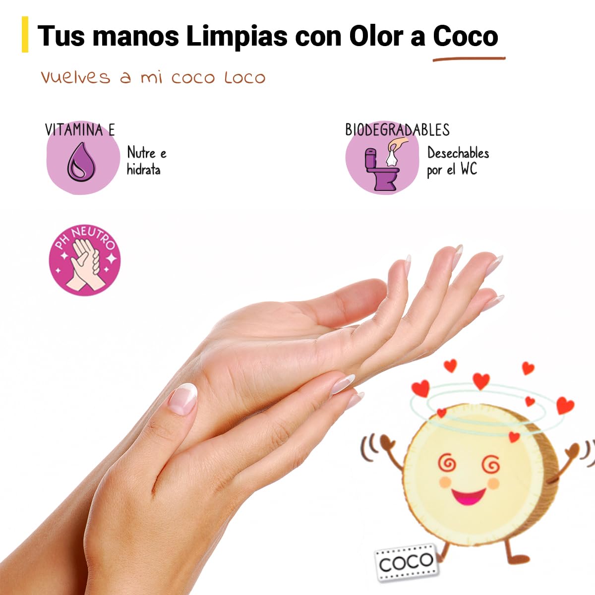 The Fruit Company - Toallitas Húmedas COCO Manos y Cara WC Formato Bolsillo Pack 3