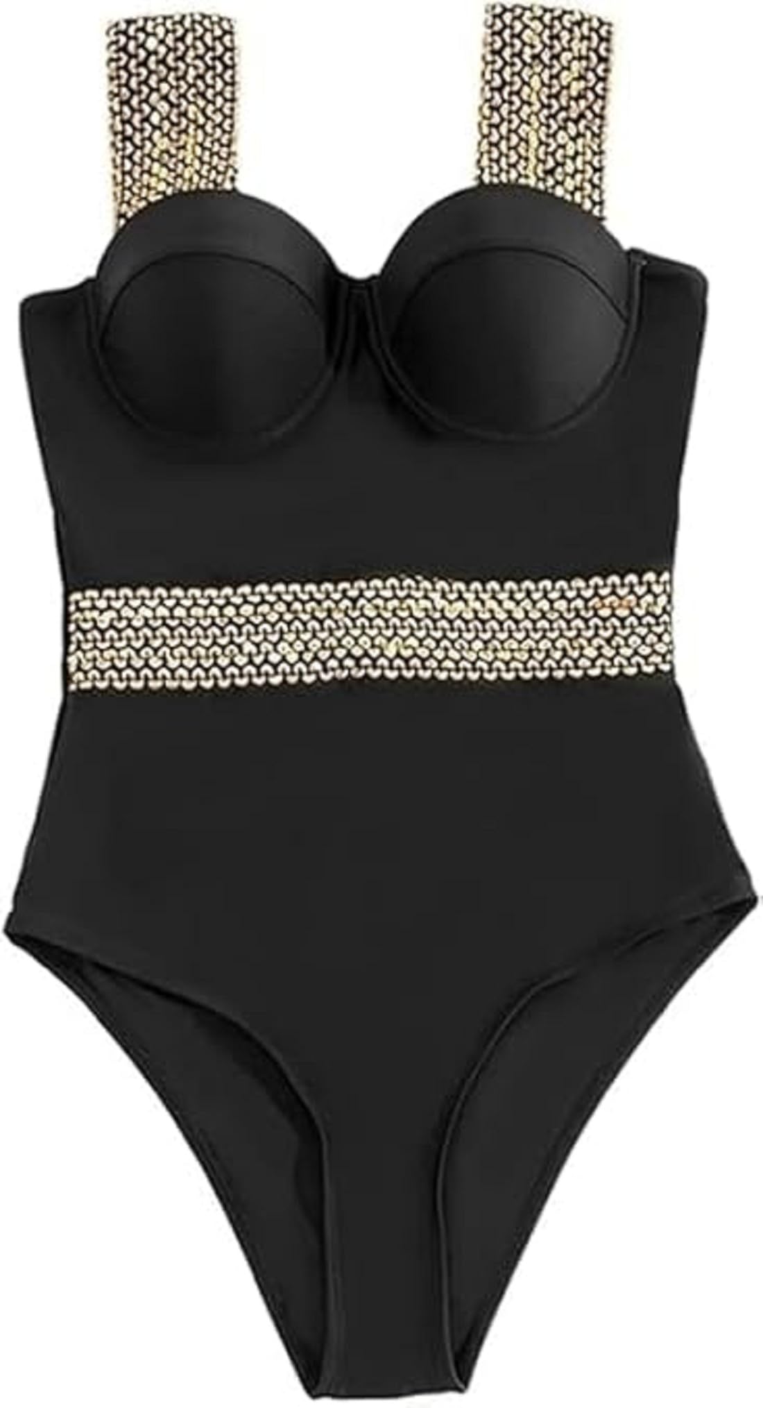 vpllex Gold Sequine Strap Swimsuit, Women's Shape Push Up Swimsuit, Plus Size Bathing Suitwear, Contrast Trim Strap Bodysuit, Women's Clothing-picture-54