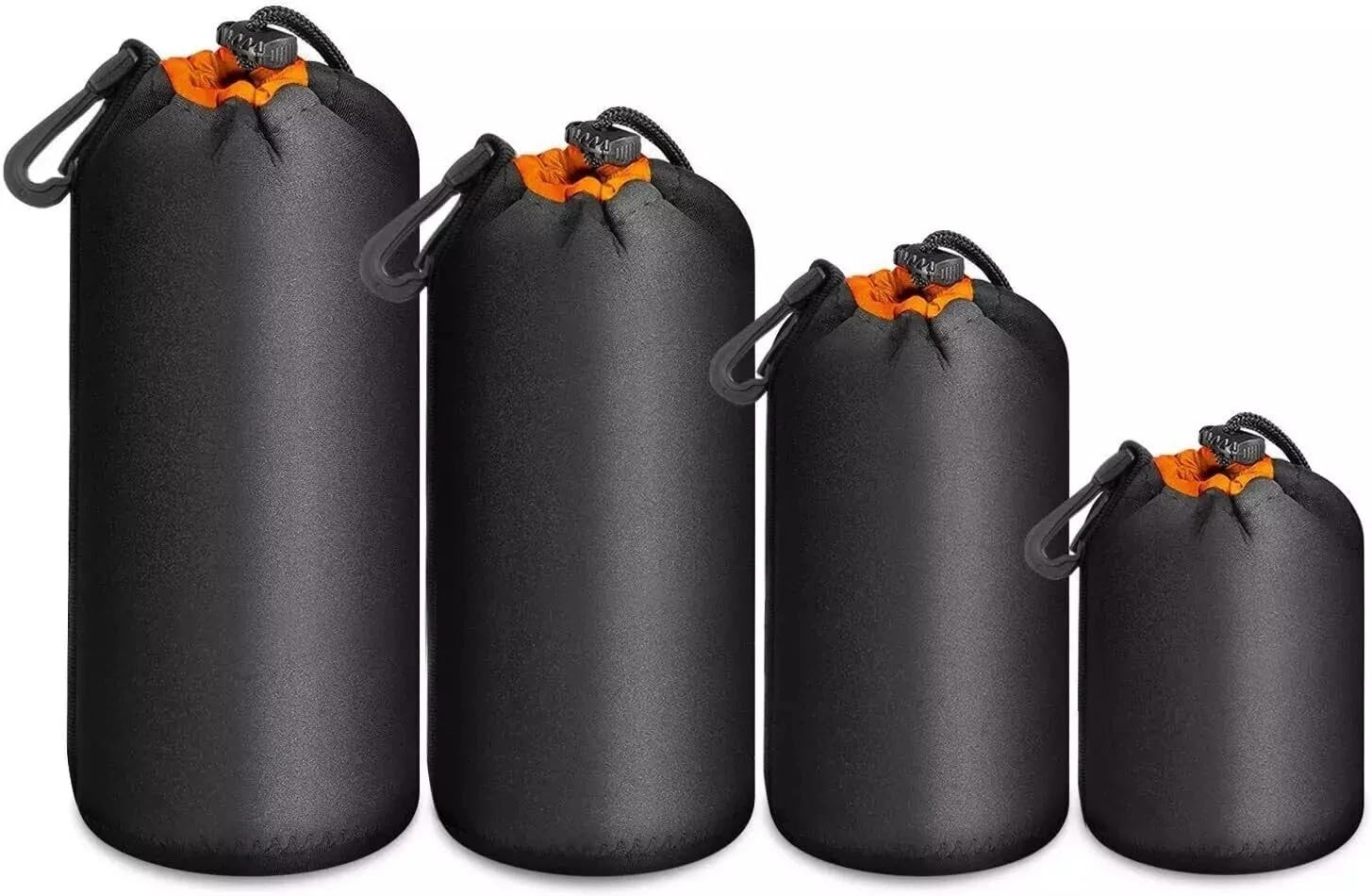 Set di 4 custodie per obiettivo della fotocamera, in neoprene spesso 4 mm con fodera in morbido velluto, borse impermeabili con coulisse con moschettone e passante per cintura, S/M/L/XL per