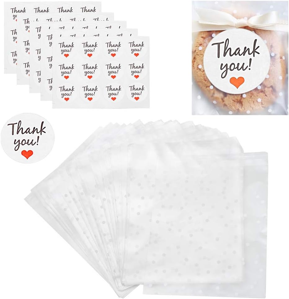 100 Pcs Self Adhesive Cookie Bags, 5.5" x 5.5" Cellophane Treat Bags White Polka Dot Treat Bags Cookie Favor Bags with 60 pcs Thank You Stickers for Gift Giving Bakery Candy Chocolate Dessert Wedding