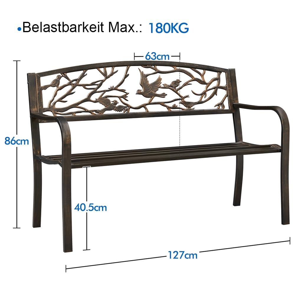 Yaheetech Gartenbank für 3 Personen Metallbank mit Vogelmuster, Bronze | Sitzbank im Retro-Stil Gartenbank Eisenbank Ruhebank im Retro-Stil mit Rückenlehne & Armlehne für Hof/Garten/Terrasse/Balkon