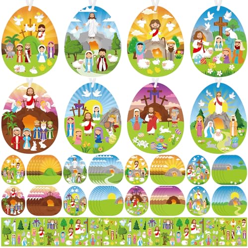Faccito 48 Sets Religious Easter Craft Kits for Kids DIY Nativity Scene Sticker Christian Hanging Ornament Make an Easter He Lives Craft Projects for Sunday School Classroom DIY Art Game Activities
