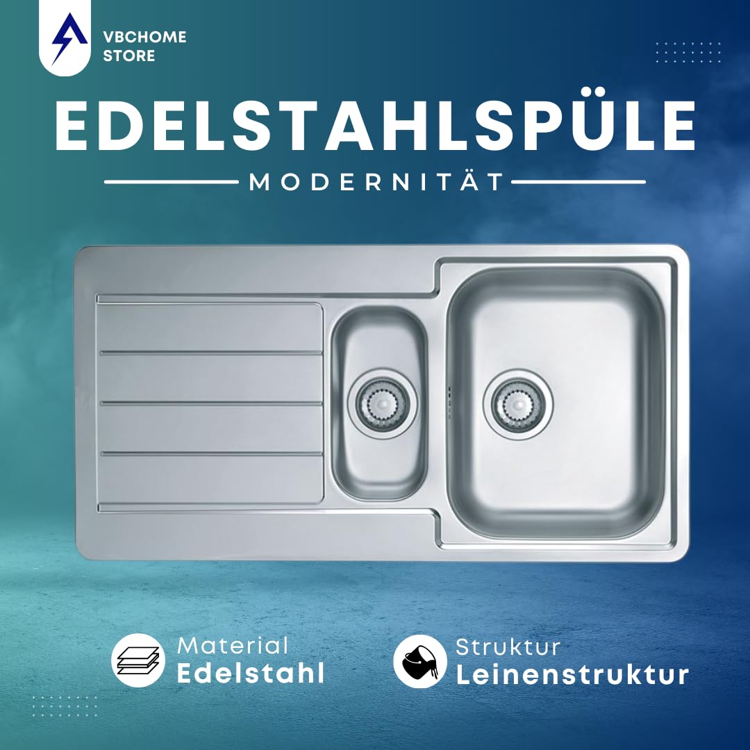 VBChome Edelstahlspüle 98x50 cm Leinenstruktur Einbauspüle ohne Loch für Armaturen Küchenspüle Spülbecken Camping 1,5 Becken Ablaufgarnitur
