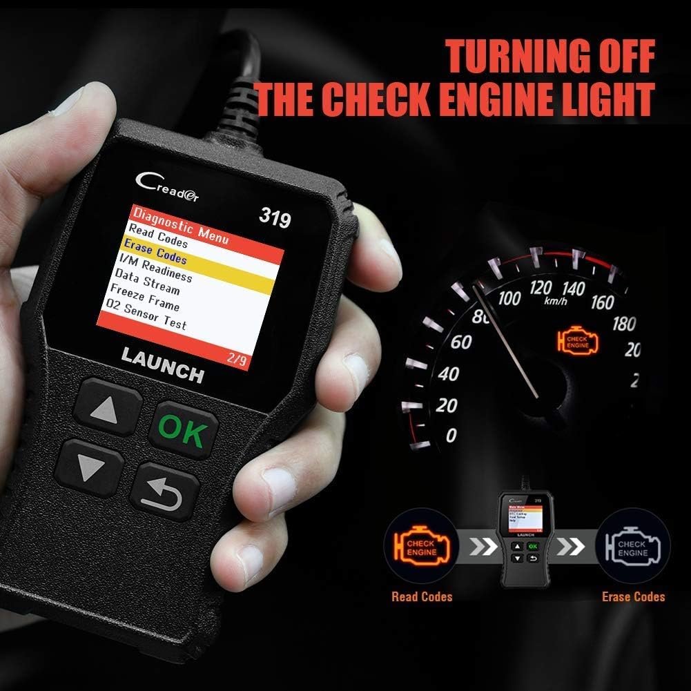 LAUNCH CR319 displaying diagnostic menu with 'Read Codes' highlighted, and an illustration of a check engine light being diagnosed.