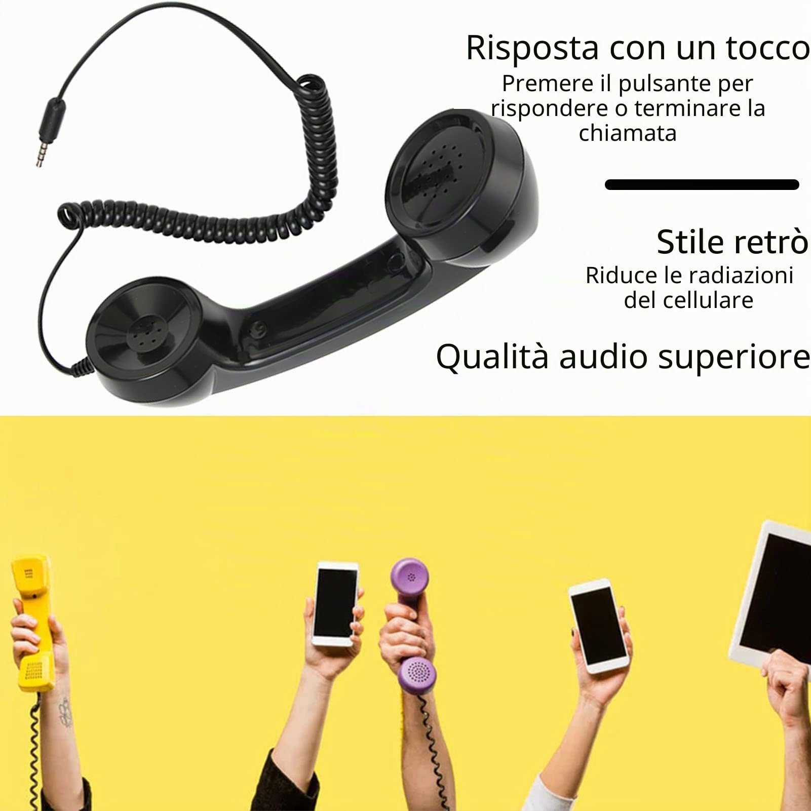 Cornetta del Telefono retrò, Microfono da 3,5 Mm Ricevitore per Telefono Cellulare Microfono per Smartphone Cellulare, con Pulsante di Risposta, Interruttore (Nero)