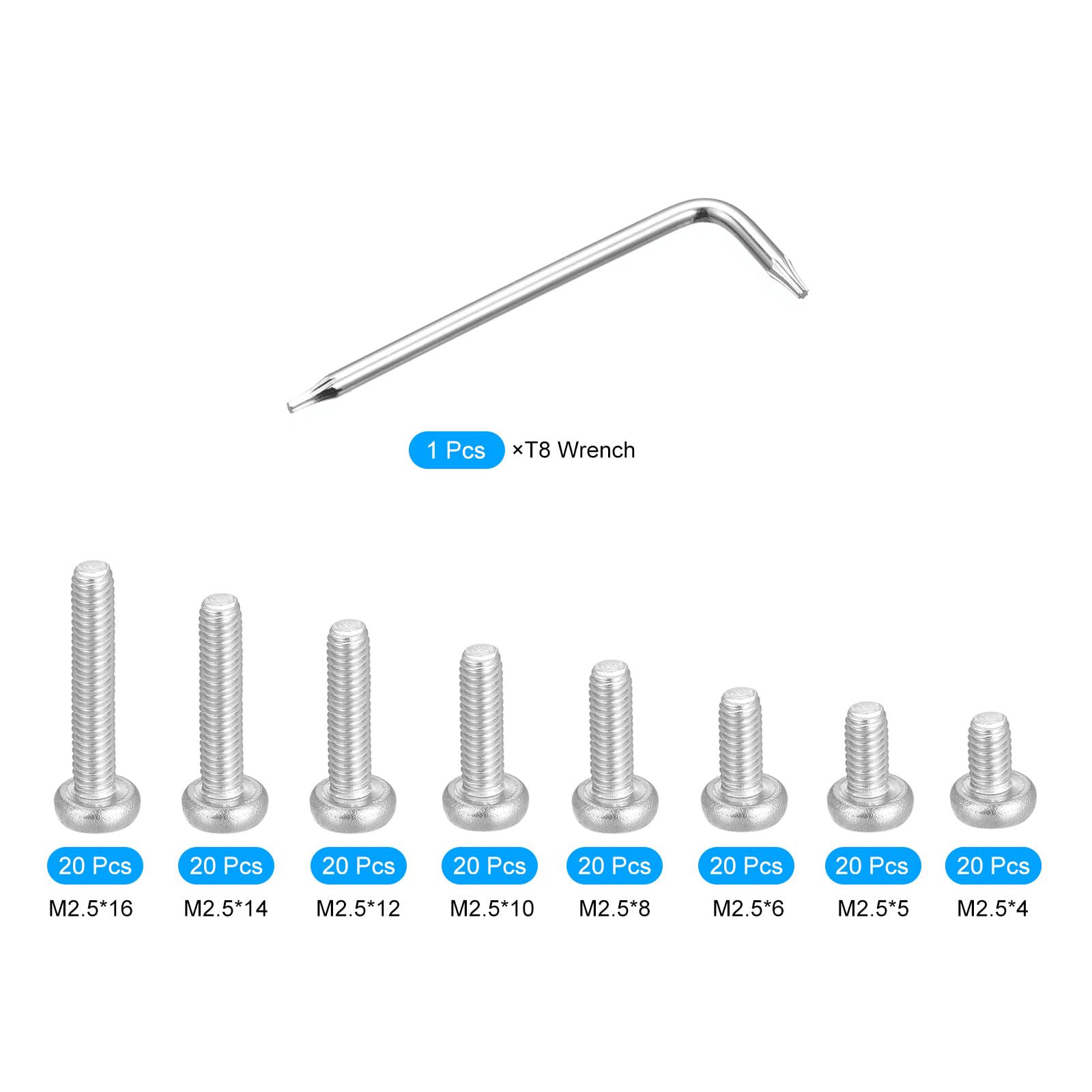 uxcell Kit di viti di sicurezza Torx M2.5 (M2,5 x 4/5/6/8/10/12/14/16 mm), 160 viti a testa bombata in acciaio inox 304, viti a prova di manomissione, bulloni per chiave W T8