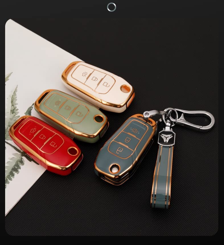 Image of JVCV Gold Border TPU Key Cover Compatible with Ford Endeavour Figo Aspire Freestyle 3 Button Folding Key (Red).