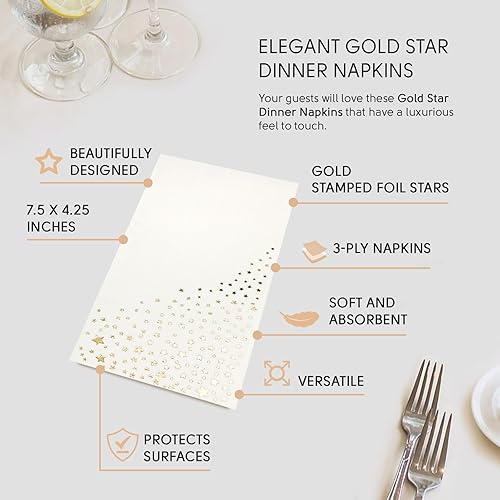 Miniatura 6 de Elegantes servilletas de estrella dorada, 100 servilletas de cena blancas y doradas, servilletas doradas desechables de 7.5 x 4.25 pulgadas,