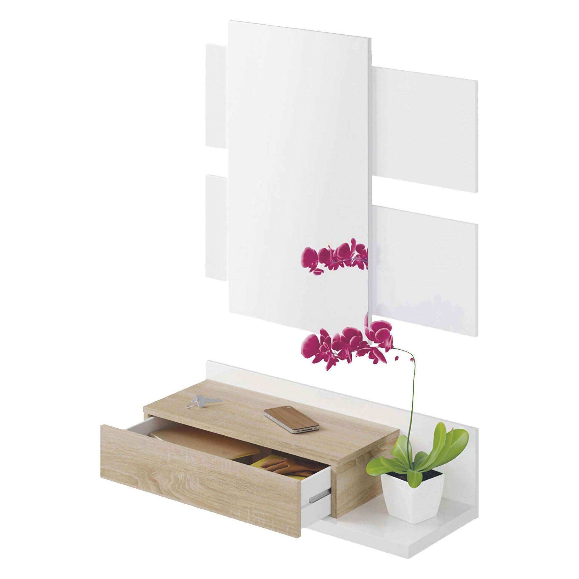 Dmora Mobile da Ingresso con cassetto e Specchio, Colore Noce e Bianco Lucido, cm 75 x 90 x 29