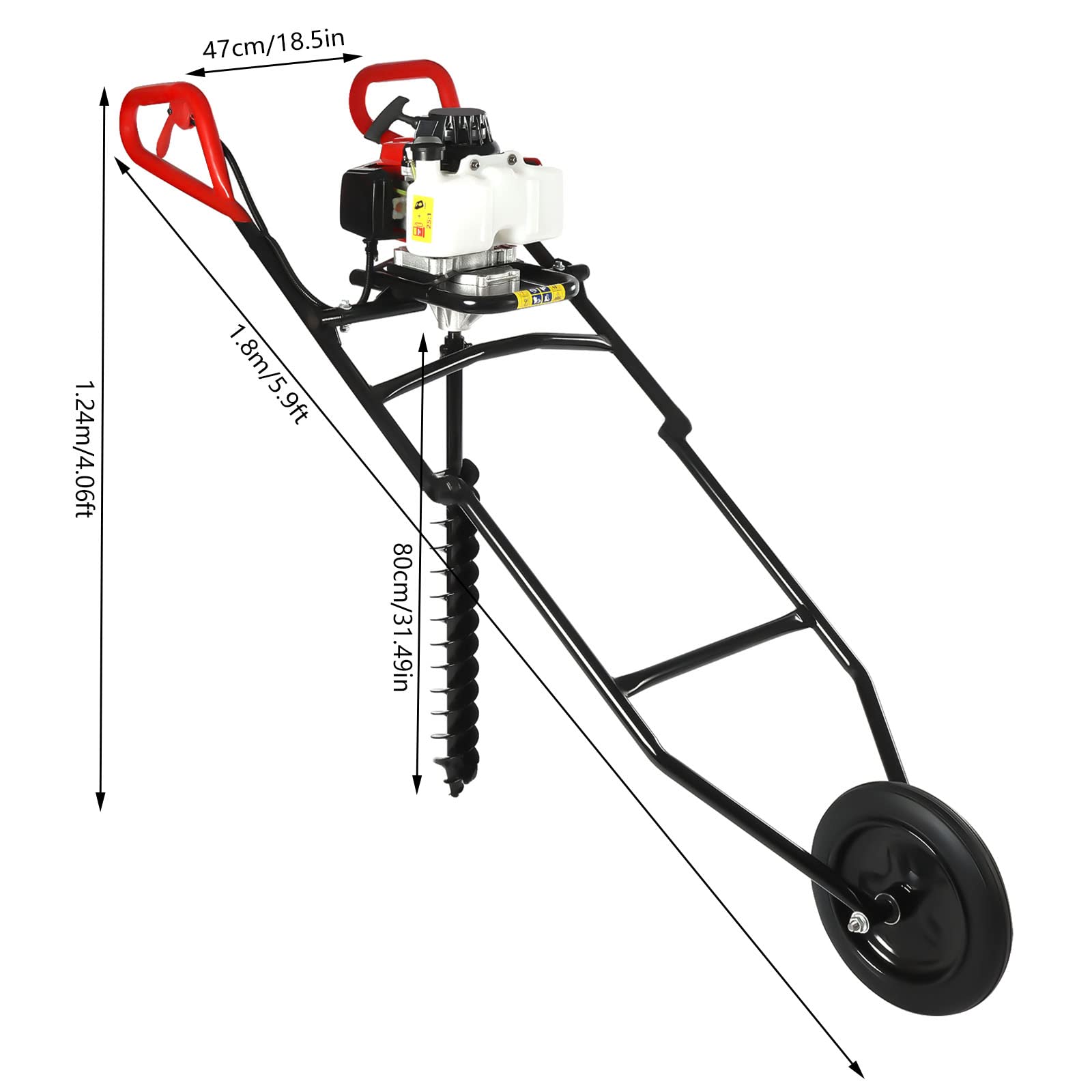 63CC Benzin Erdbohrer Erdlochbohrer mit 80mm Bohrer, 3HP Pfahlbohrer mit Fliehkraftkupplung, Faltbar Hand Push Brunnenbohrer für Landwirtschaft/Forstwirtschaft/Baumpflanzungen - Schwarz