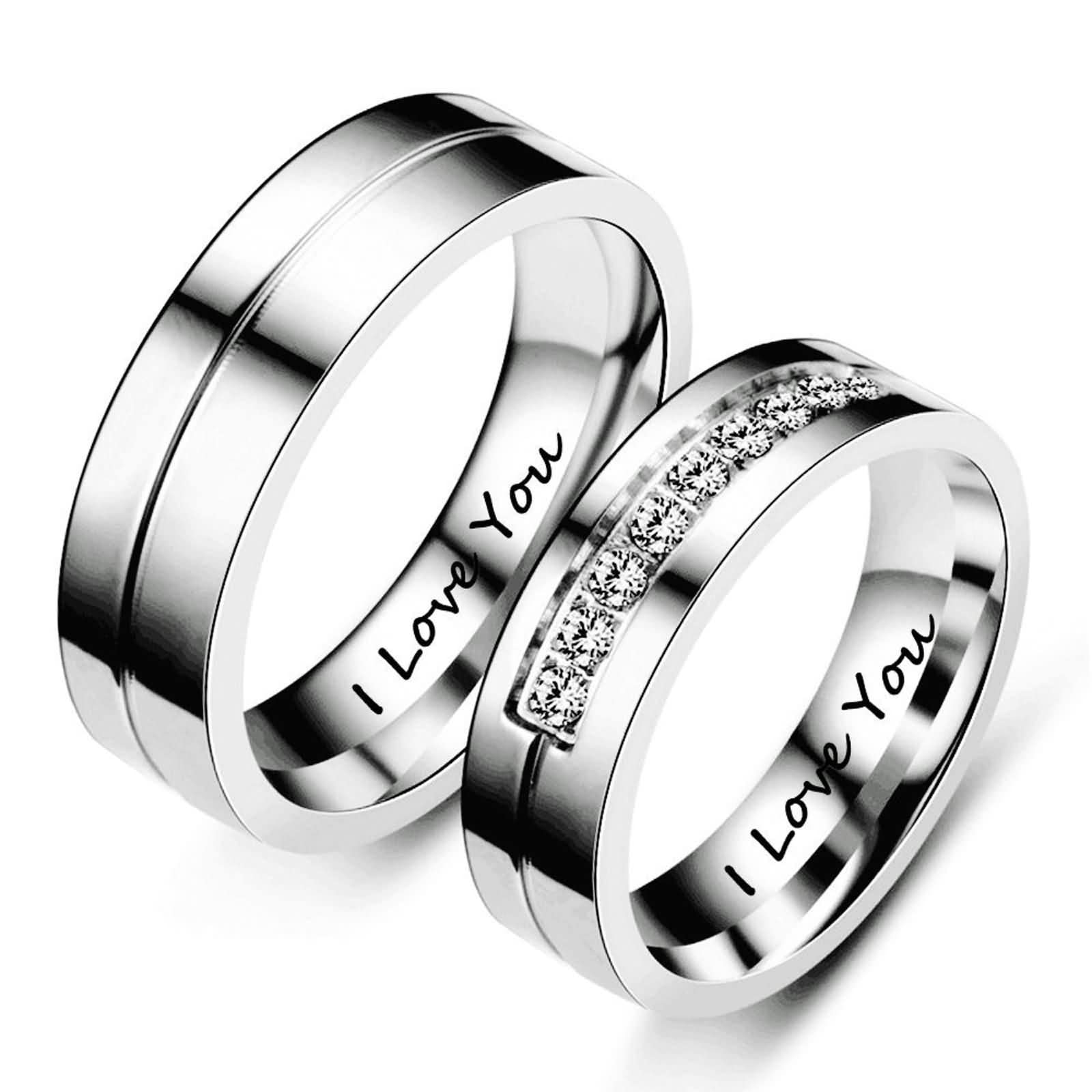 AmDxD Alianza para boda plateada, acero inoxidable, anillo de pareja grabado, I Love You, W54 & M61.5, Acero inoxidable, Sin piedras preciosas