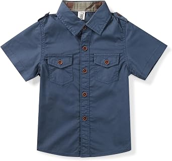 Boys Button Down Short Sleeve Shirts Cotton Lightweight Casual Shirts Tops Two Pockets