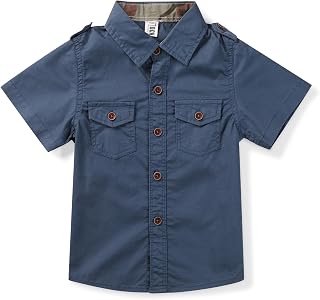 Boys Short Sleeve Button Down Shirt Casual Uniform Military Scout Shirt with 2 Pockets