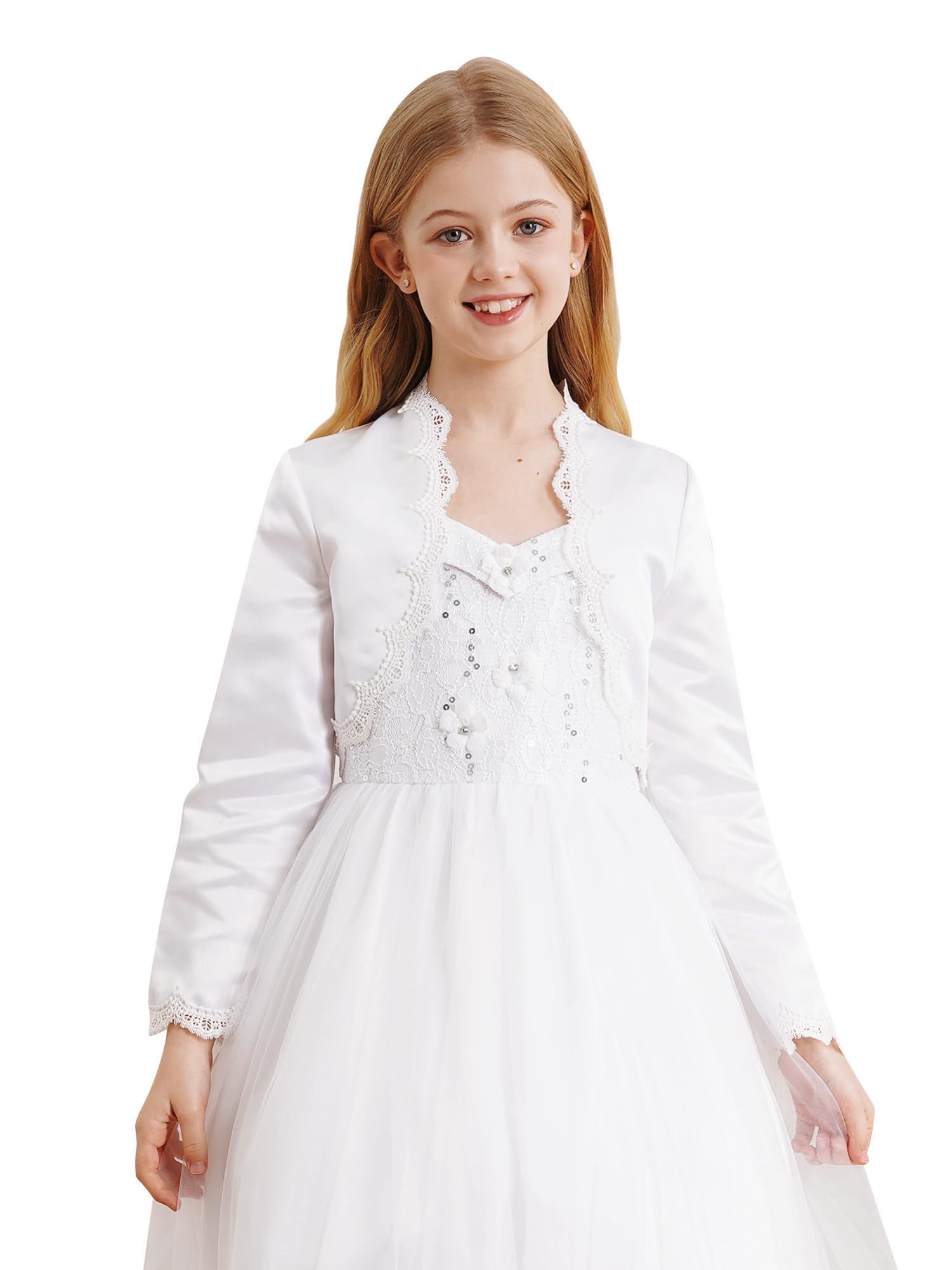IEFIEL Cárdigan de Satén para Niña Manga Larga con Apliques Exquisitos Bolero Básico Chaqueta Bautizo Comunión Boda Torera de Fiesta Elegante 1-16 Años