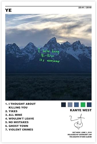 augcol Póster de Kanye West Ye Rapper, álbum de música, póster de 12 x 18 pulgadas, sin marco