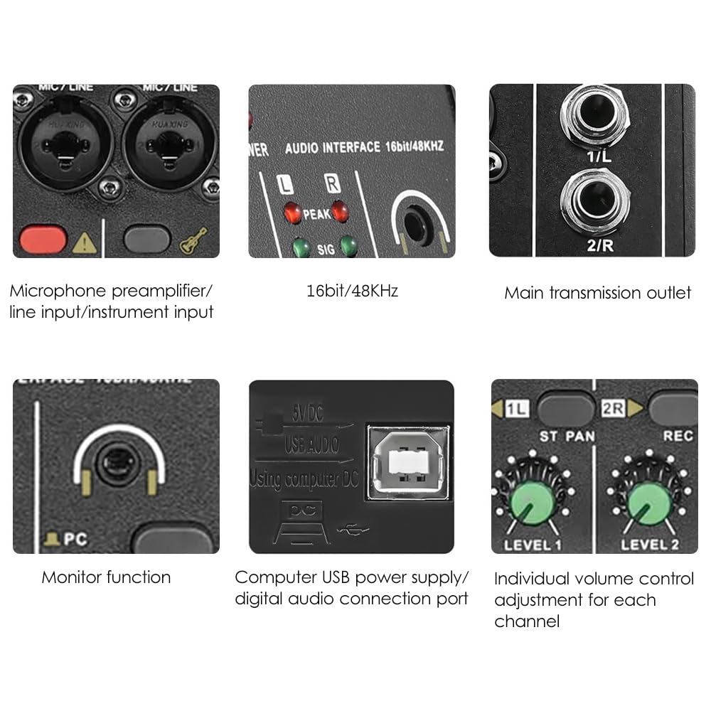 Interfaz de audio, tarjeta de sonido de grabación profesional, 16 bits/48 kHz, tarjeta de sonido mini USB de 2 entradas y 2 salidas con cable USB B de alimentación fantasma de 48 V, equipo de