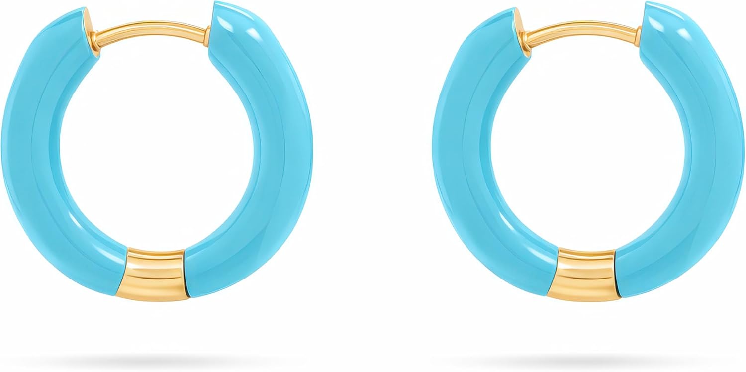 18K Gold Plated Stainless Steel Blue Epoxy Huggie Hoop Earrings, Minimalist Color Accent Hoops, 17mm