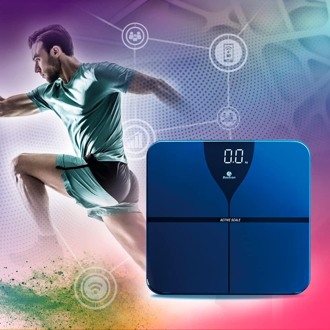 MBH - Báscula de peso y grasa corporal profesional Active Blue Scale. Balanza de baño digital con bluetooth y App inteligente.