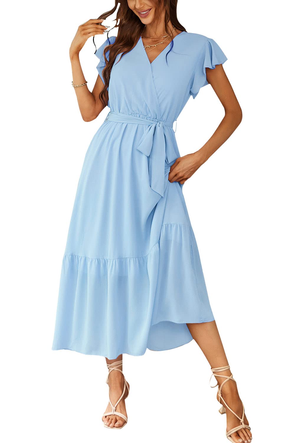 PRETTYGARDEN Women's 2023 Floral Summer Dress Wrap V Neck Short Sleeve Belted Ruffle Hem A-Line Bohemian Maxi Dresses (Solid Light Blue,Medium)