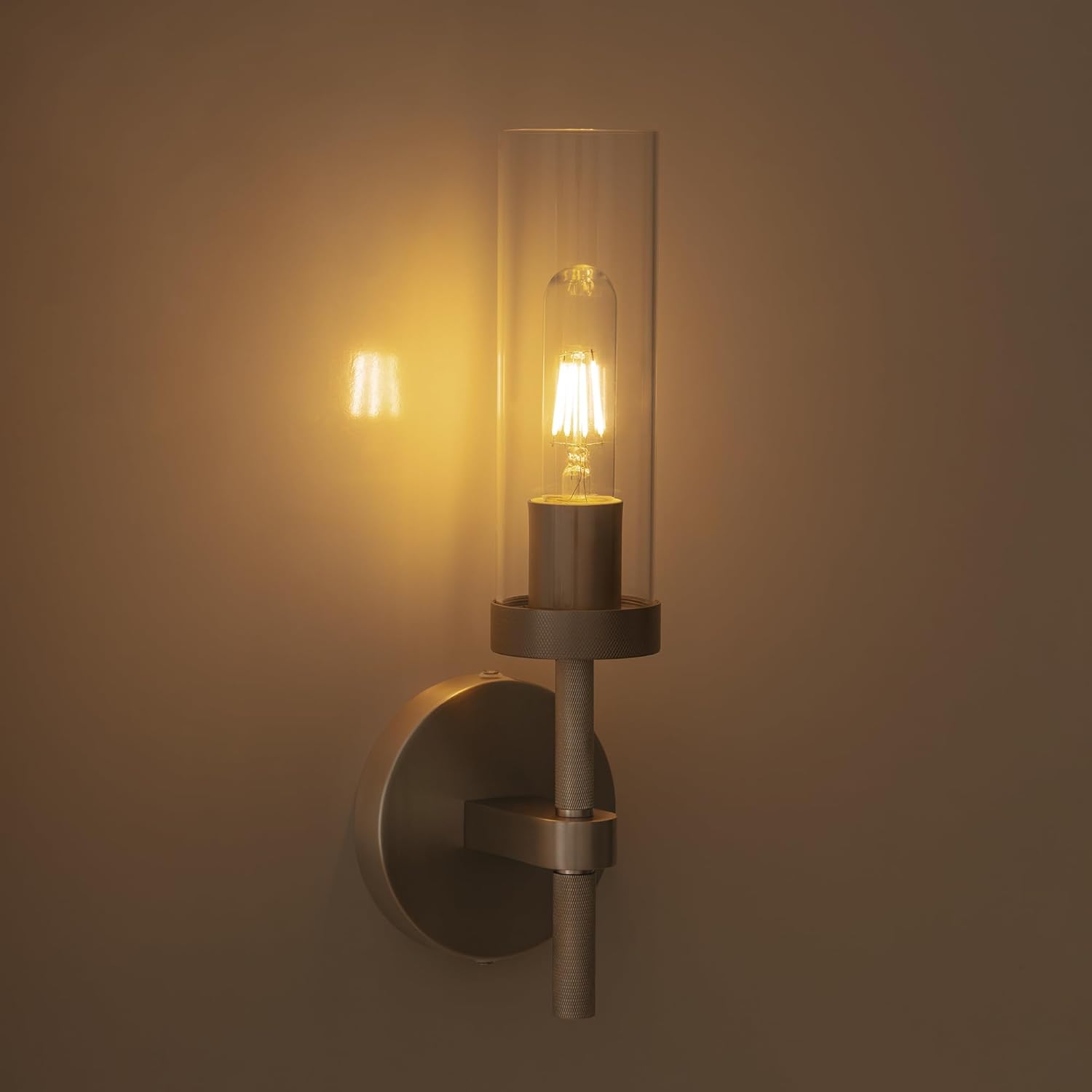 Solid Brass Wall Sconce - E26 Base Brushed Nickel Modern Wall Light, Clear Glass Shade, Easy Install for Living Room, Bedroom, Reading, Hallway (Bulb not Included)