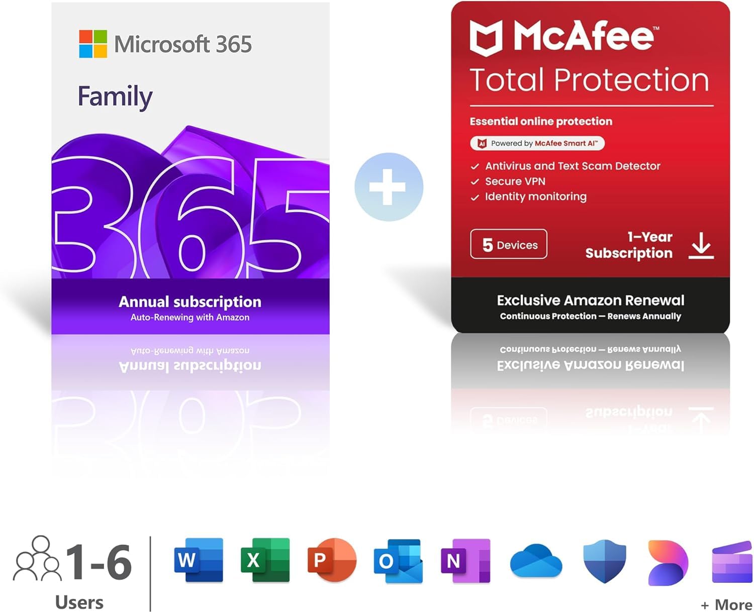 Microsoft 365 Family | 6 People | Up to 6TB Cloud Storage | AI Office Apps | Renews for £104.99 + McAfee Total Protection | 5 Devices | Renews for £95.99 | Annual auto-renewing Amazon subscription