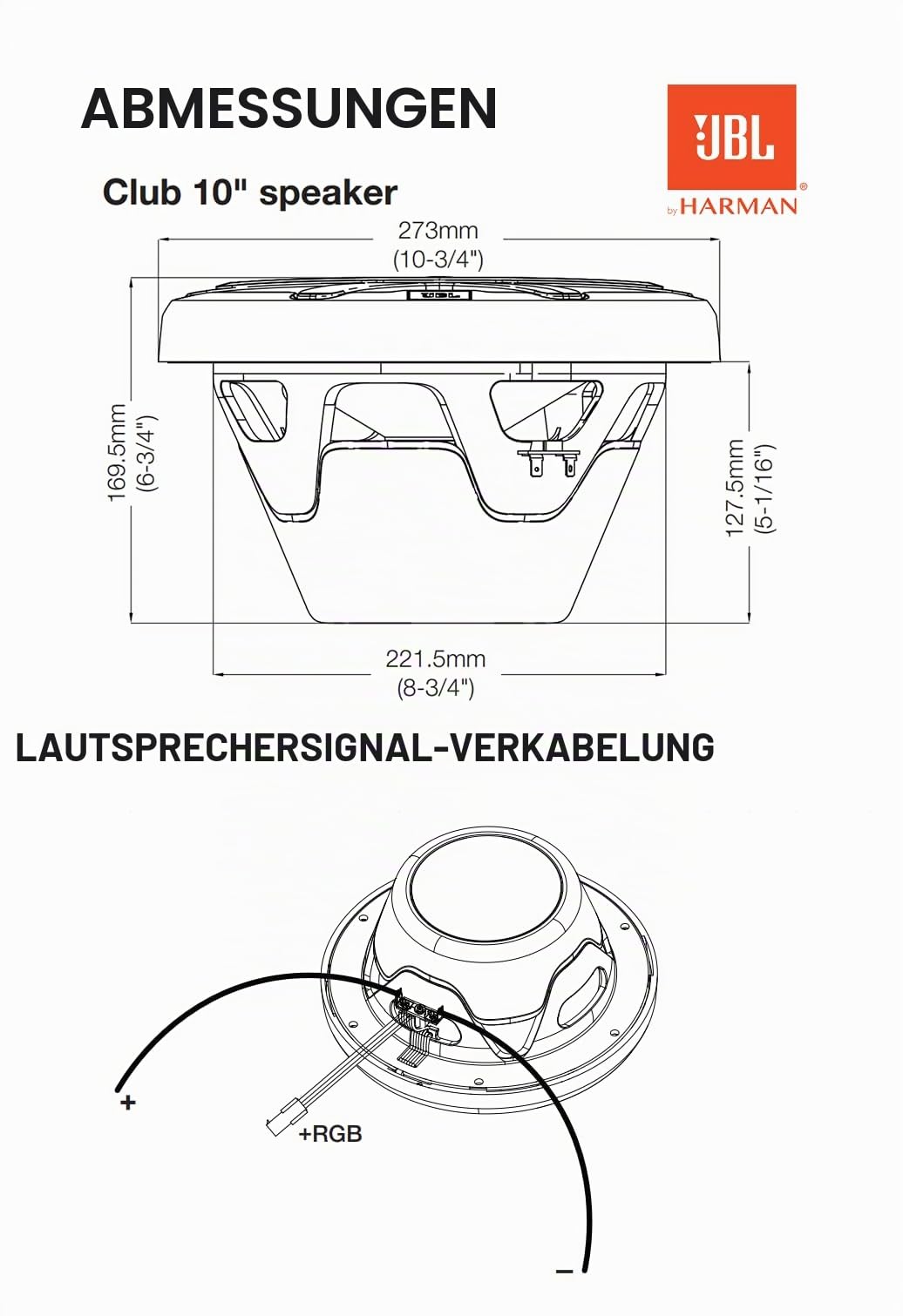 JBL CLUB102 Marine 10 Zoll Subwoofer Boot, passiv, mit 300W RMS und 900W Max, 4 Ohm, 89 dB, Frequenzbereich 25–500 Hz, RGB-LEDs, Einbautiefe 127,5 mm, ideal für Gehäuse oder Free-Air-Einbau