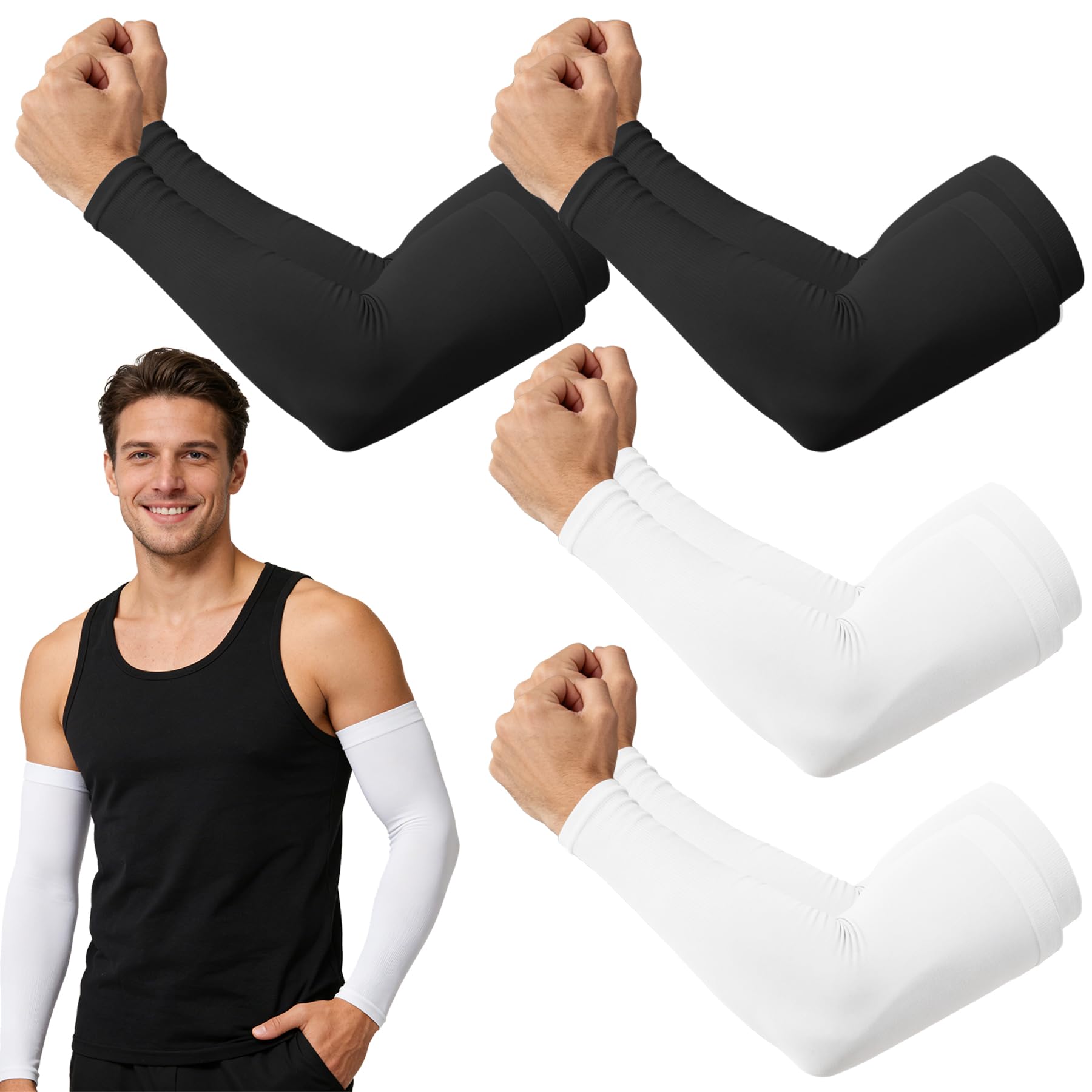 Seanselo Unisex 2 Black+2 White 4 Pairs Uv Sun Protection Compression Arm Sleeves - Tattoo Cover Up - Cooling Athletic Sports Sleeve For Football, Golf & Volleyball (2 Black+2 White)