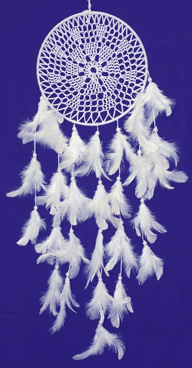 Wall Hanging Dream Catcher for Attracts Positive Dreams, Down & Feather-Fill White Crochet Dream Catcher - Color White-image-46
