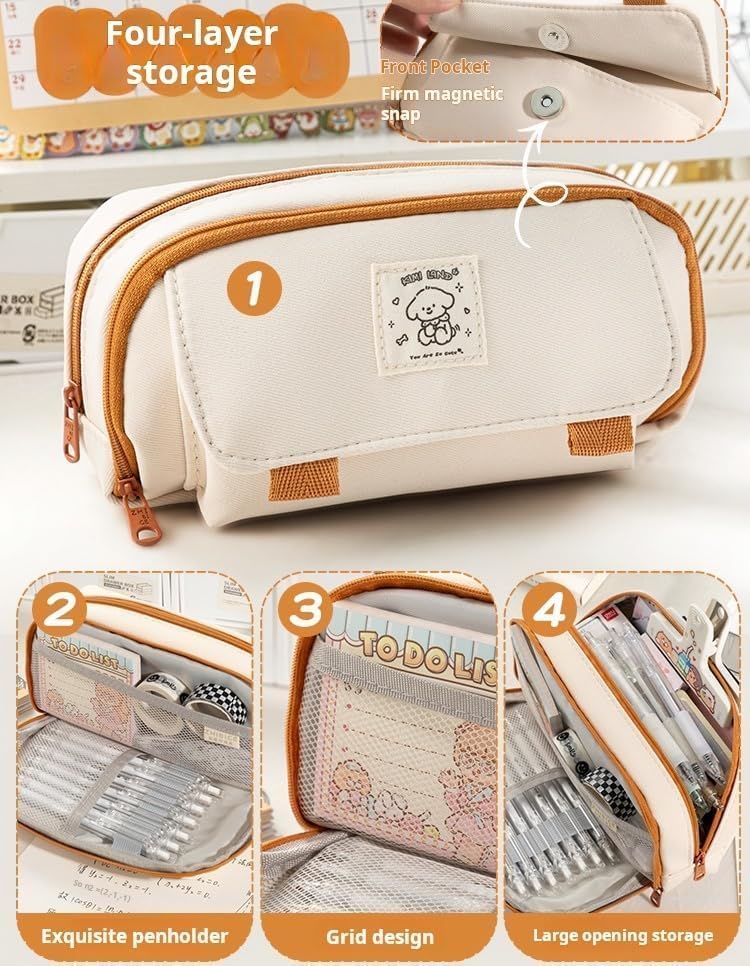 Image of Canvas School Bag Pencil Case, 3 Layer 6 Compartment Large Capacity, Aesthetic Pencil Pouch for Stationary, Cute Stationery for Kids, Pencil Case for Girls & Boys (Cream Pouch)