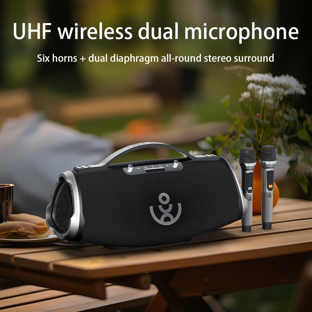xdobo BMTL Wow MAX speaker and two wireless microphones on an outdoor table