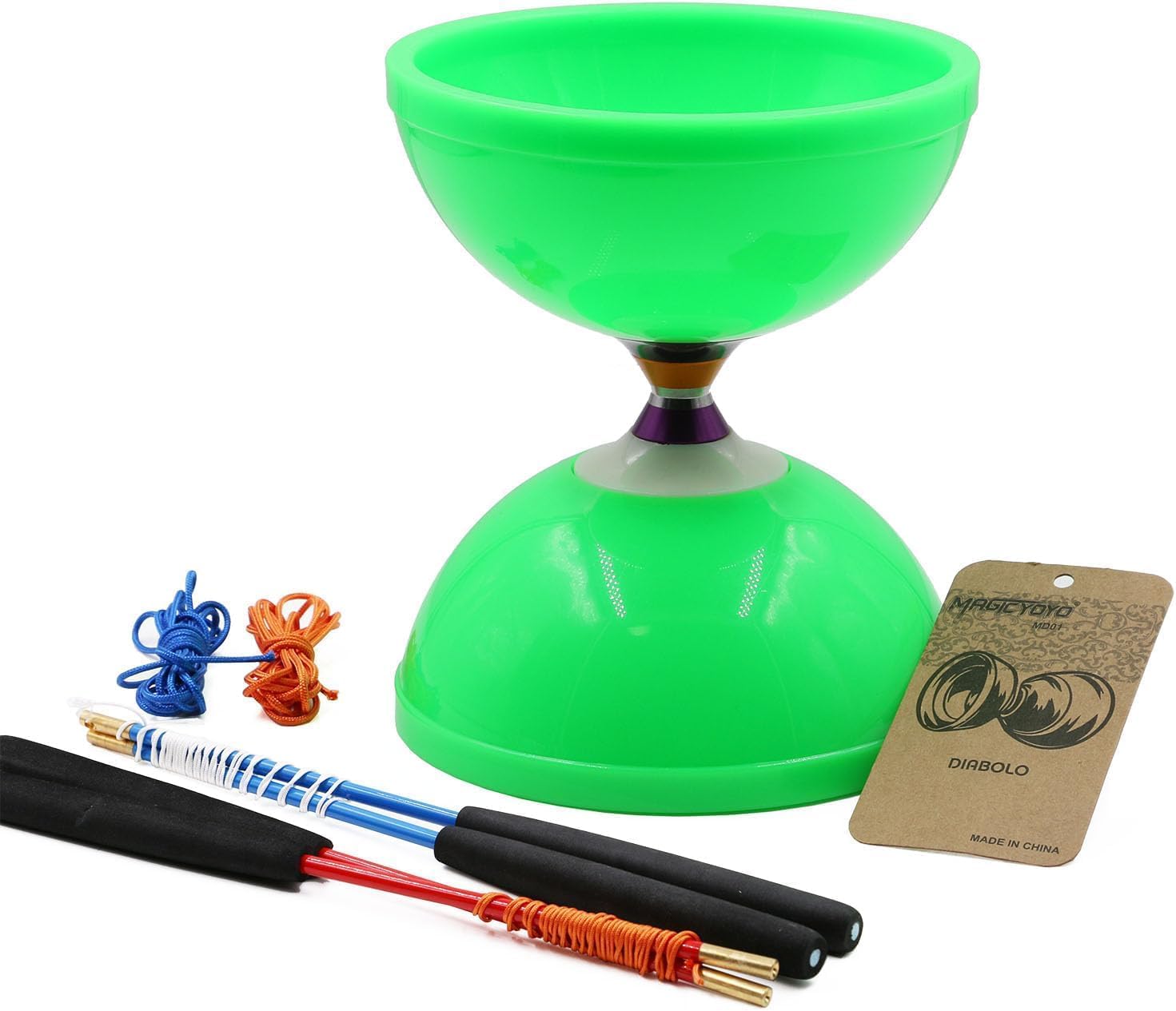 MAGICYOYO Diabolo MD01 Pro Triple Bearings Diabolos Yoyo for Kids Teen Adult, Beginners to Advanced Tricks Juggling Toy, Large 5" Chinese Yo-yo Diabolo +2 Pair Handsticks+Bag+2 Spare Cords Kit, Green