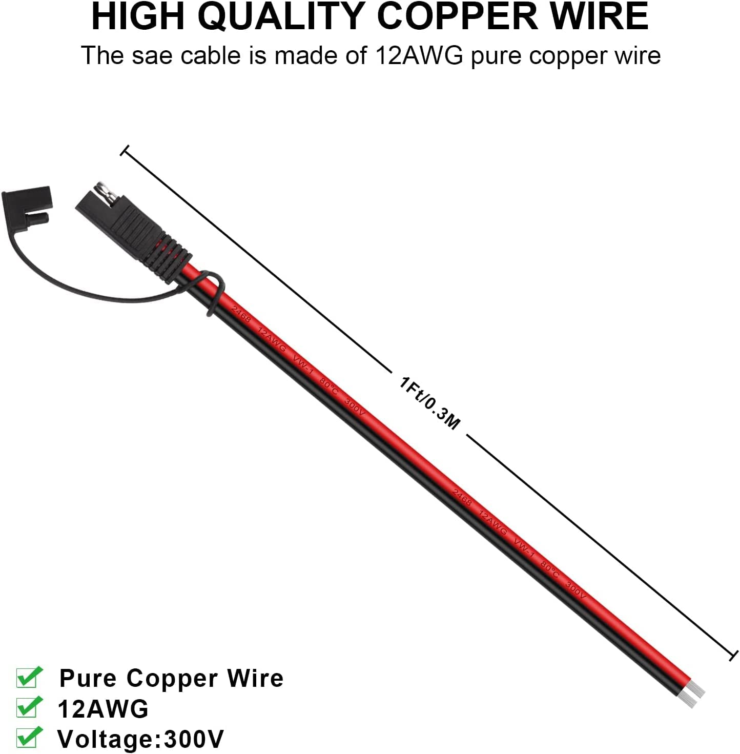 RUNCCI-YUN 4 SZTUK 12 V-24 V Kabel krosowy SAE, 12AWG SAE Złącza 30 cm, kabel przyłączeniowy SAE, przedłużacz samochodowy SAE