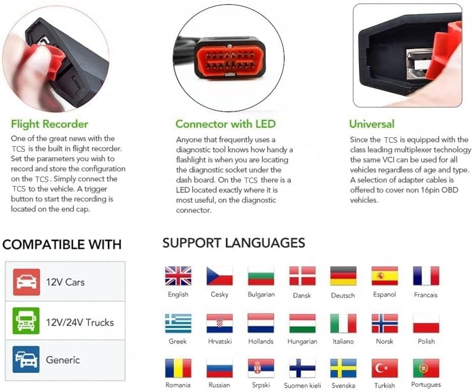 Klauer Multidiag Pro+ TCS Pro+ features including Flight Recorder, LED connector, and universal compatibility
