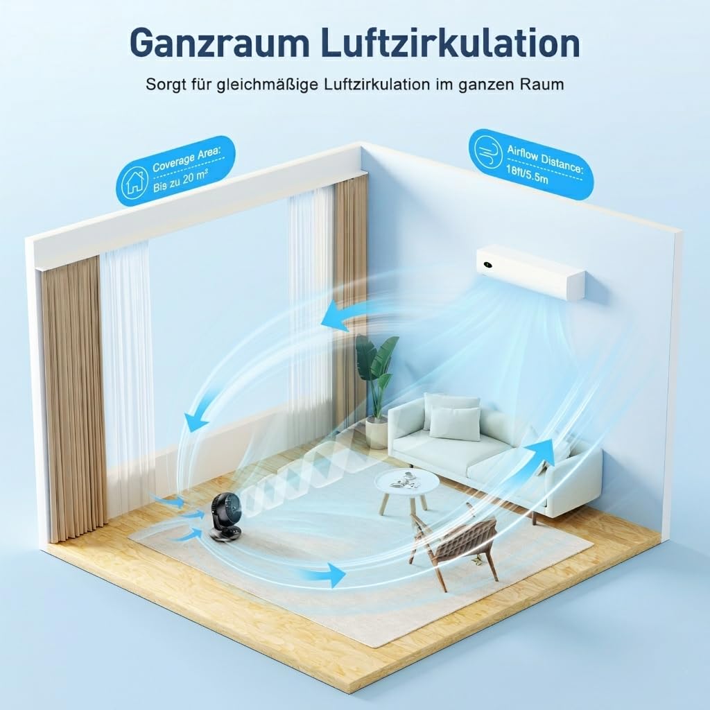 Ventilator Leise 22dB Tischventilator 3 Geschwindigkeiten Oszillation 3D Turbo Umluftventilator bis 20m² Schwarz